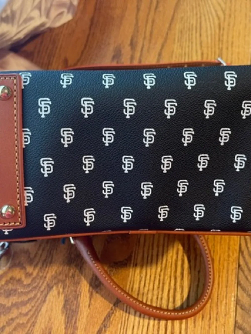 Dooney & Bourke Black/Blue SF Monogram Satchel with Brown Trim